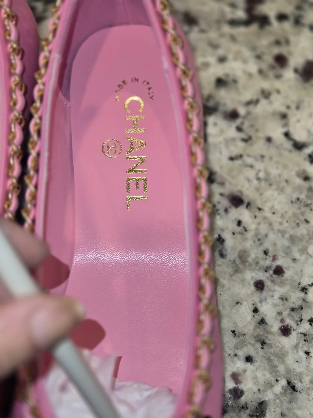 Chanel Pink & Black Bow Cap-Toe Chain Ballet Flats